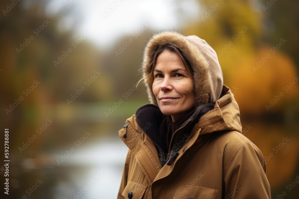 Portrait of a middle-aged woman in a coat on a background of autumn nature Portrait of a middle-aged woman in a coat on a background of autumn nature