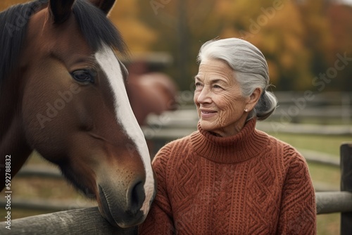 Environmental portrait photography of a satisfied woman in her 70s wearing a cozy sweater against an equestrian or horse background. Generative AI © Robert MEYNER