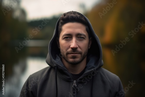 Portrait of a handsome young man with a beard wearing a hoodie in a park