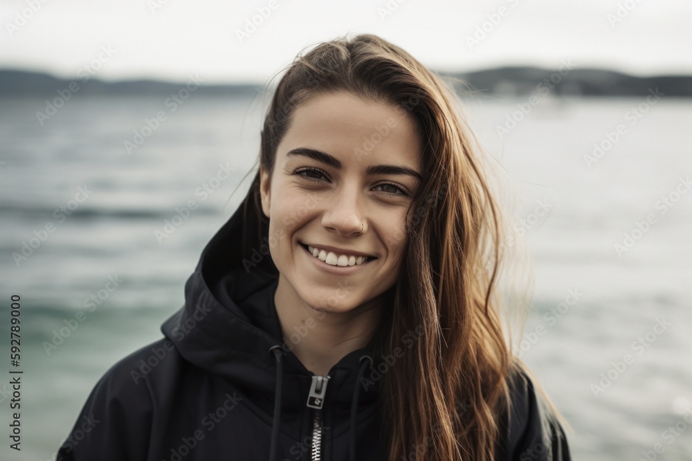 Portrait of a beautiful young woman on the background of the sea