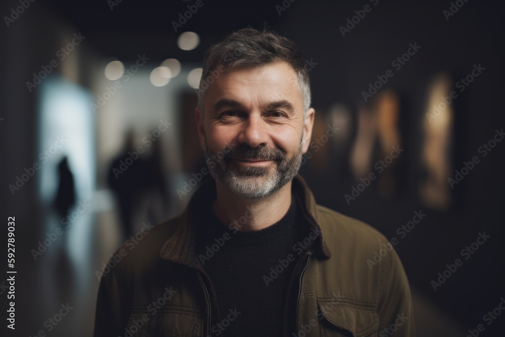 Portrait of a smiling man looking at the camera in a museum
