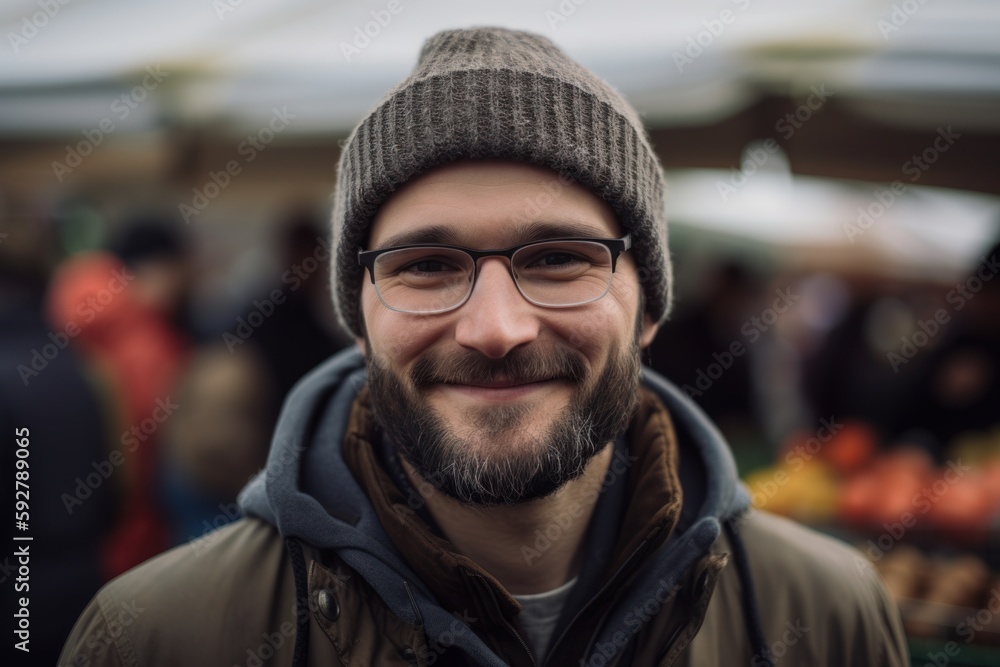 Handsome bearded man with eyeglasses at the Christmas market