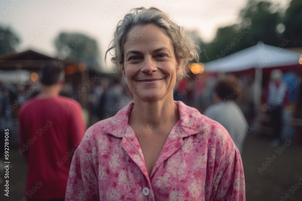 Portrait of a smiling woman at a music festival, blurred background Portrait of a smiling woman at a music festival, blurred background