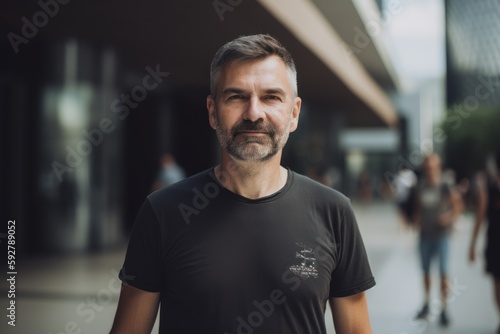Portrait of handsome middle-aged man with beard in black t-shirt