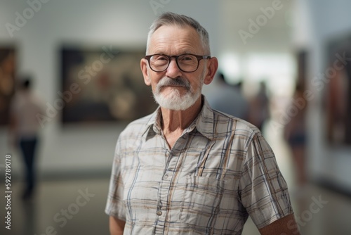 Portrait of senior man looking at camera while standing in art gallery