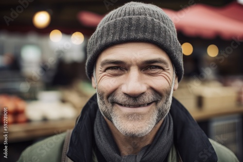 Portrait of smiling mature man in hat and scarf at street market © Robert MEYNER