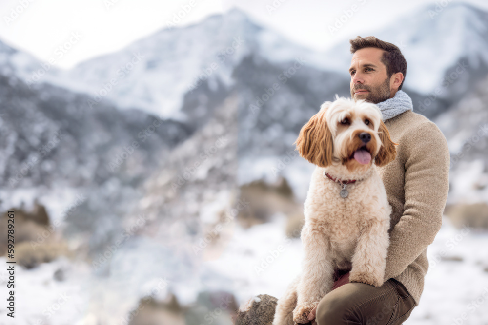 Portrait of a man with his dog on the background of snowy mountains Portrait of a man with his dog on the background of snowy mountains