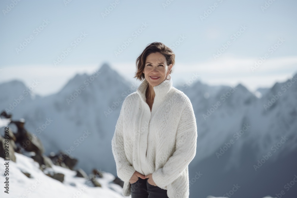 Portrait of a beautiful woman on the background of snowy mountains.