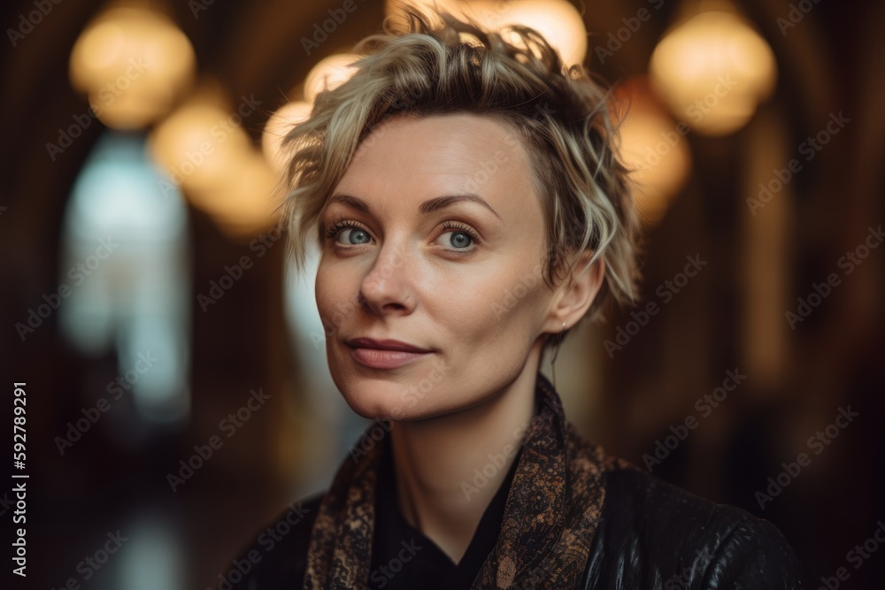Portrait of a beautiful woman with blond hair in a black jacket Portrait of a beautiful woman with blond hair in a black jacket