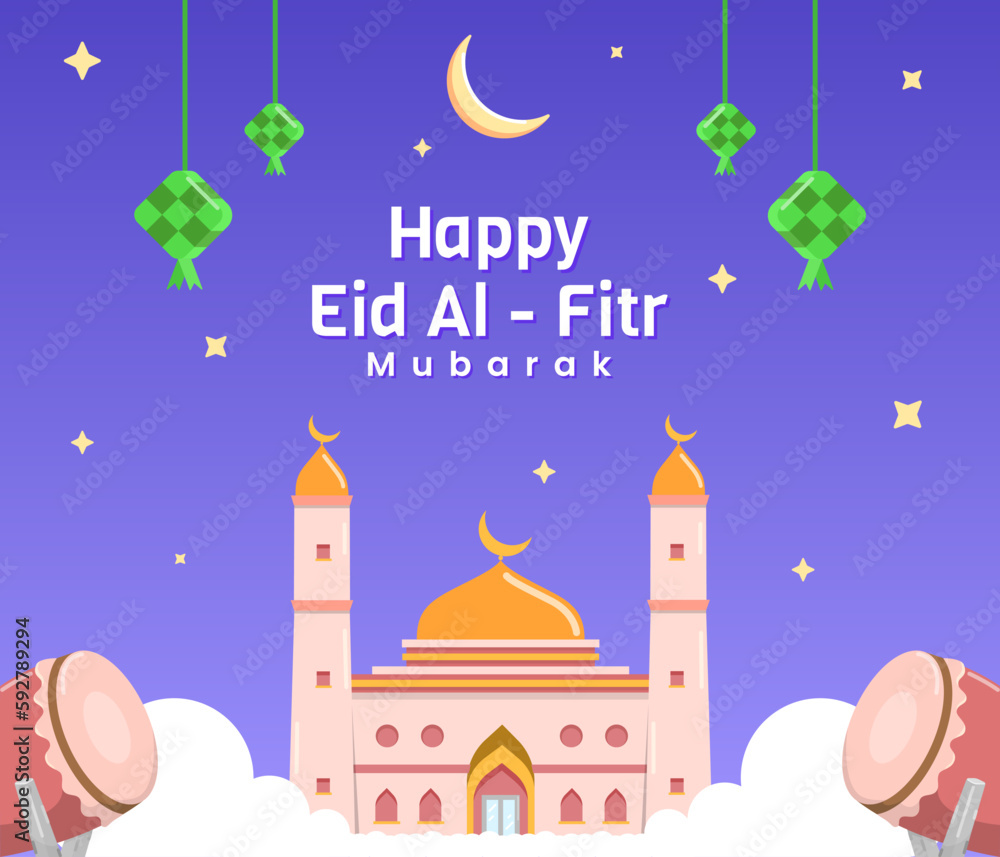 Happy eid al fitr mubarak flat illustration with mosque and scenery starry night, muslim celebrating day.