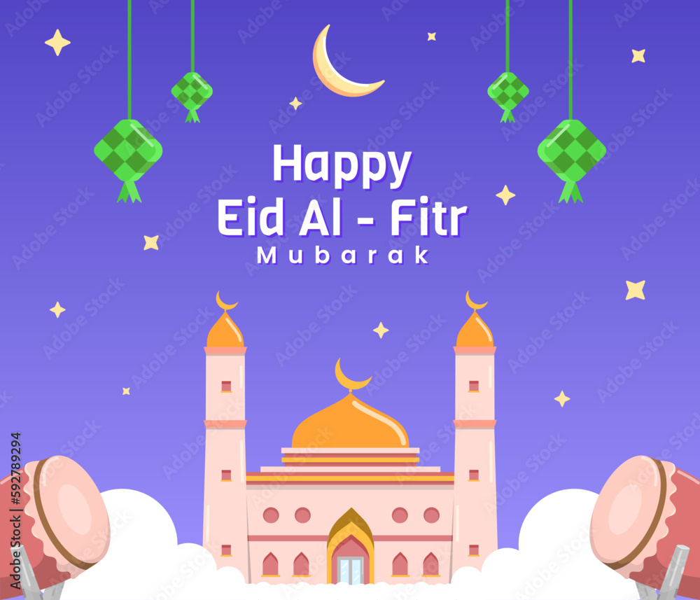 Happy eid al fitr mubarak flat illustration with mosque and scenery starry night, muslim celebrating day. Happy eid al fitr mubarak flat illustration with mosque and scenery starry night, muslim celebrating day.