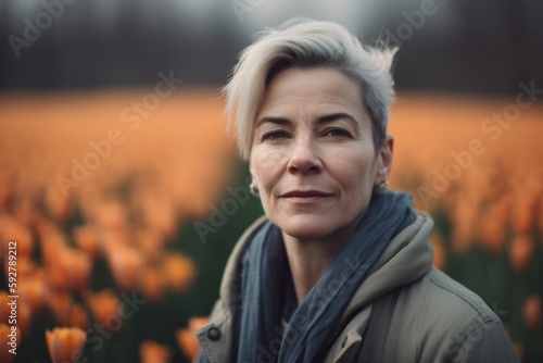 Close-up portrait photography of a satisfied woman in her 40s wearing a chic cardigan against a flower field or tulip field background. Generative AI