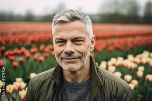 Lifestyle portrait photography of a satisfied man in his 50s wearing a cozy sweater against a flower field or tulip field background. Generative AI © Robert MEYNER