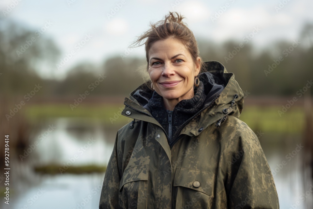 Portrait of a middle-aged woman in a raincoat on the nature Portrait of a middle-aged woman in a raincoat on the nature