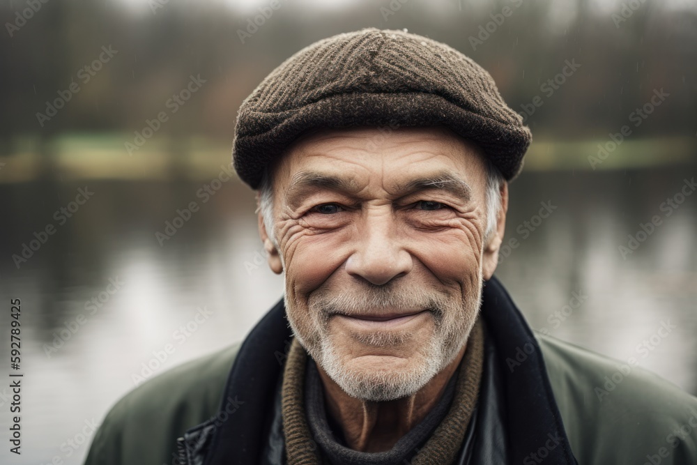 Portrait of an elderly man in a cap on the river bank Portrait of an elderly man in a cap on the river bank