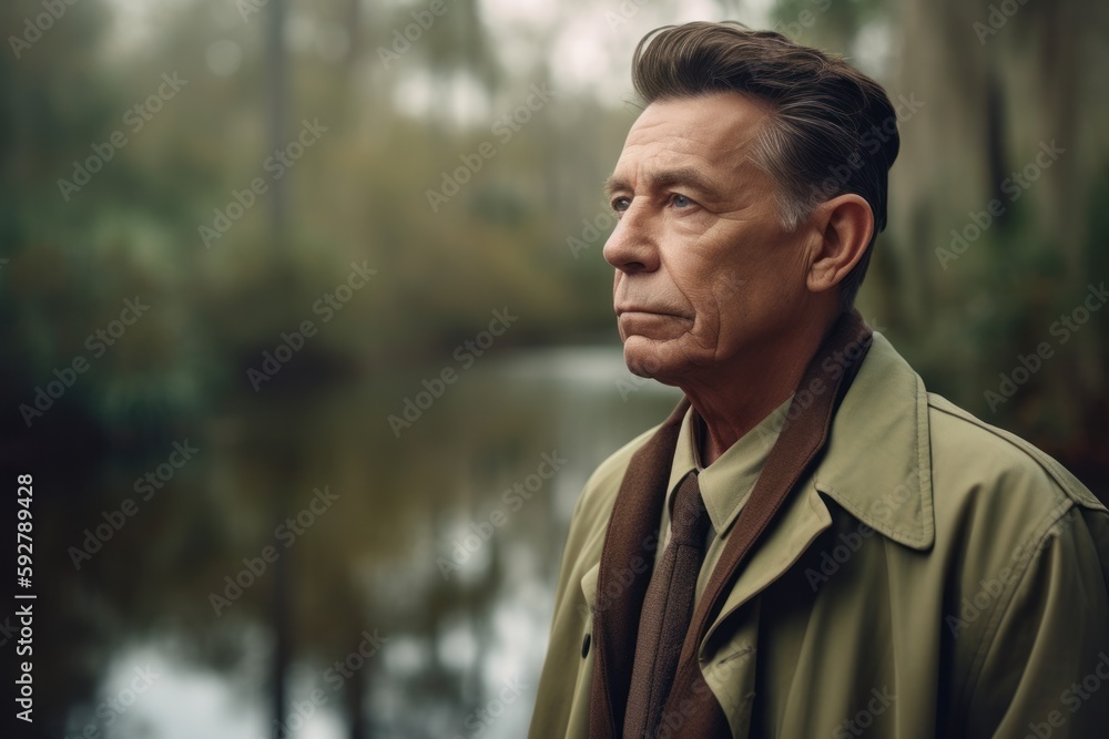 Portrait of a senior man in raincoat looking away in autumn park Portrait of a senior man in raincoat looking away in autumn park