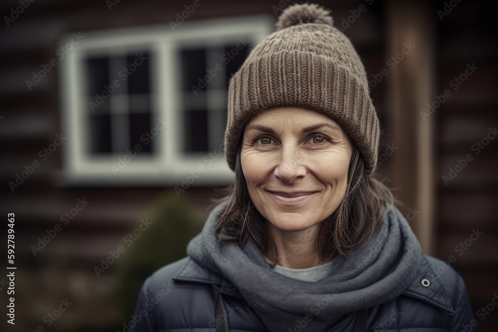Portrait of a middle-aged woman on the background of a wooden house Portrait of a middle-aged woman on the background of a wooden house
