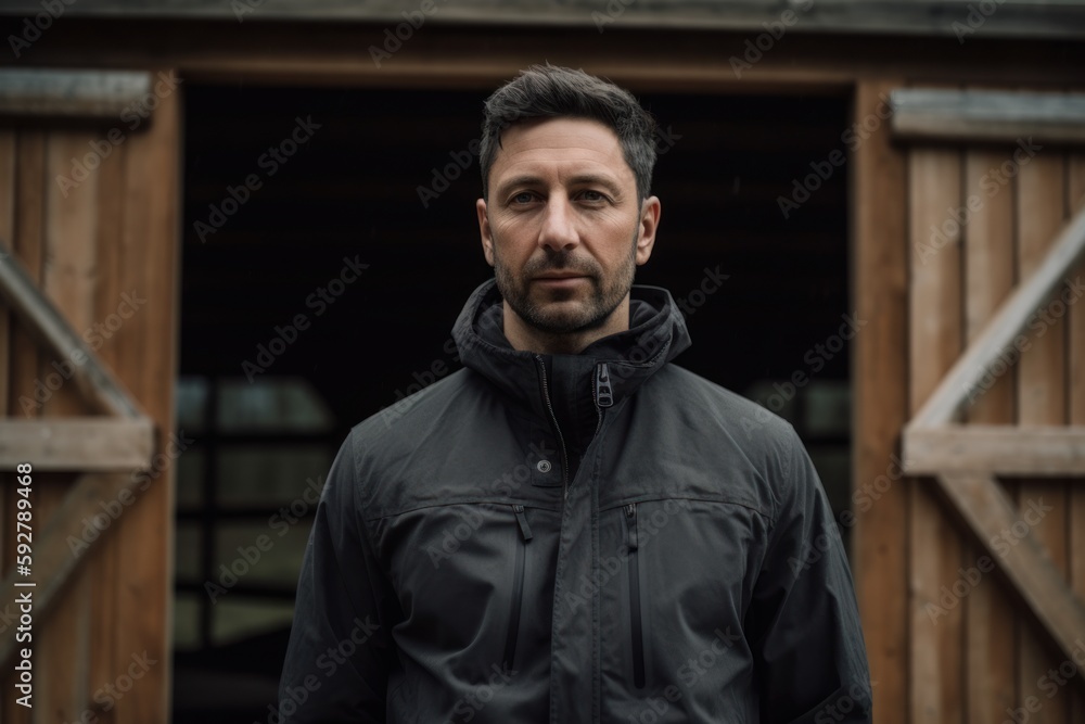 Portrait of a handsome man in a black jacket on the background of a wooden barn Portrait of a handsome man in a black jacket on the background of a wooden barn