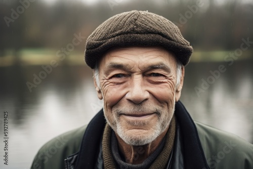 Portrait of an elderly man in a cap on the river bank