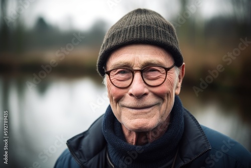 Portrait of an elderly man with glasses and a knitted cap.