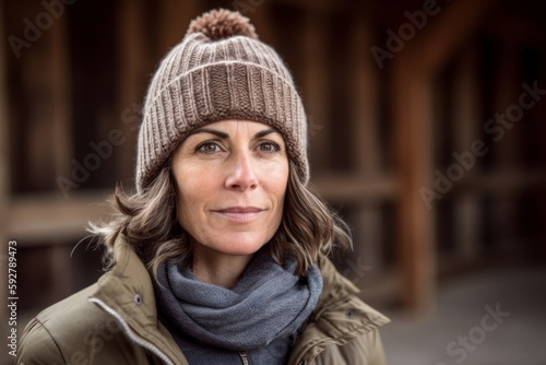 Portrait of smiling woman wearing warm hat and coat in the park