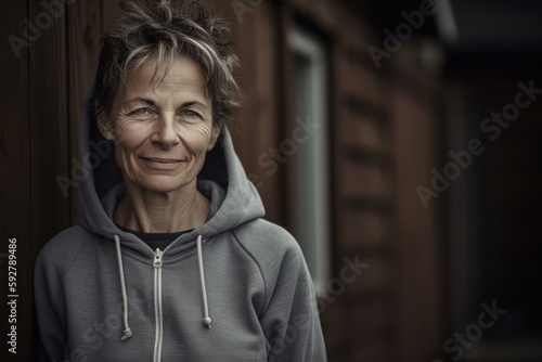 Medium shot portrait photography of a tender woman in her 50s wearing a comfortable tracksuit against a rustic barn or farm background. Generative AI
