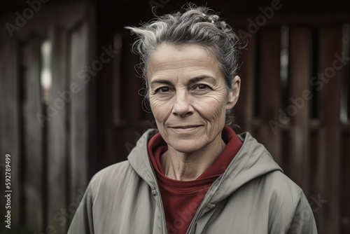 Portrait of a middle-aged woman in an old wooden house