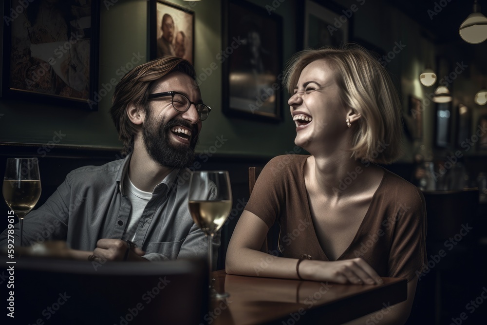 Man and woman laughing at dinner in a restaurant Generative ai Man and woman laughing at dinner in a restaurant Generative ai