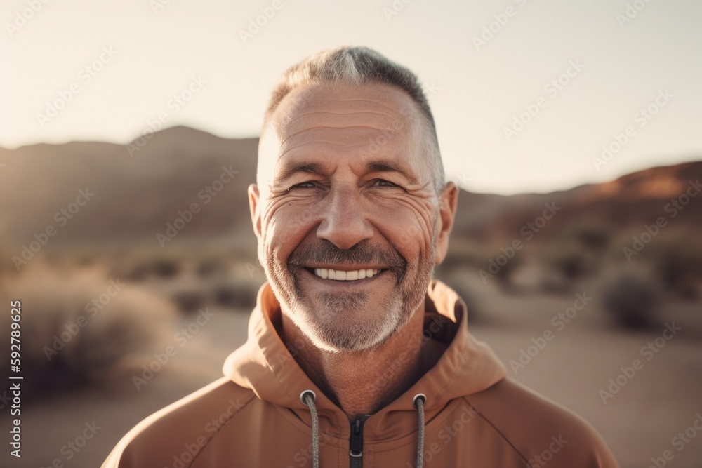 Portrait of a smiling mature man in the middle of the desert. Portrait of a smiling mature man in the middle of the desert.