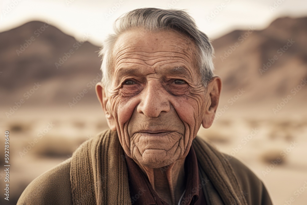 Portrait of an old man in the middle of the desert.