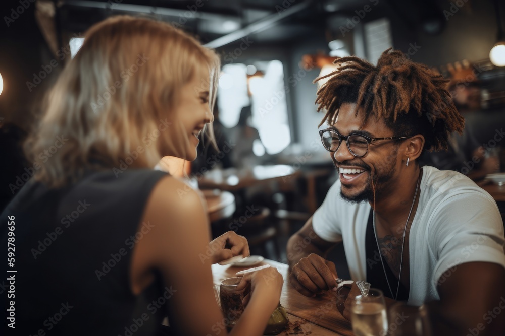 Man and woman laughing at dinner in a restaurant Generative ai