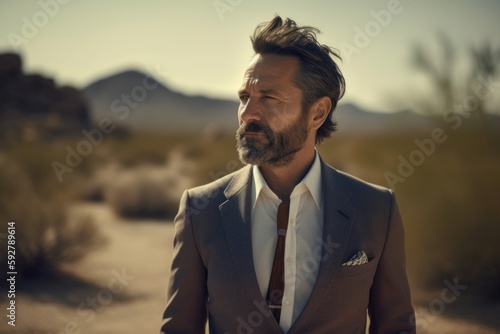 Handsome Middle Aged Man Wearing Suit in the Desert