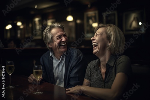 Man and woman laughing at dinner in a restaurant Generative ai
