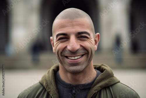 Portrait of a handsome bald man smiling at the camera in the city