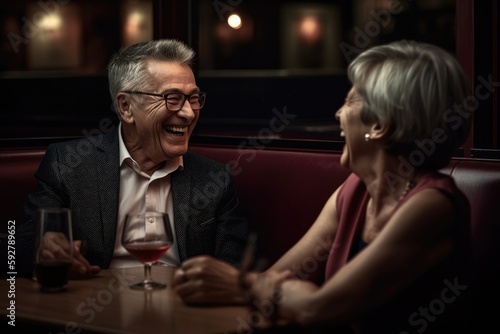 Man and woman laughing at dinner in a restaurant Generative ai