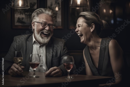 Man and woman laughing at dinner in a restaurant Generative ai