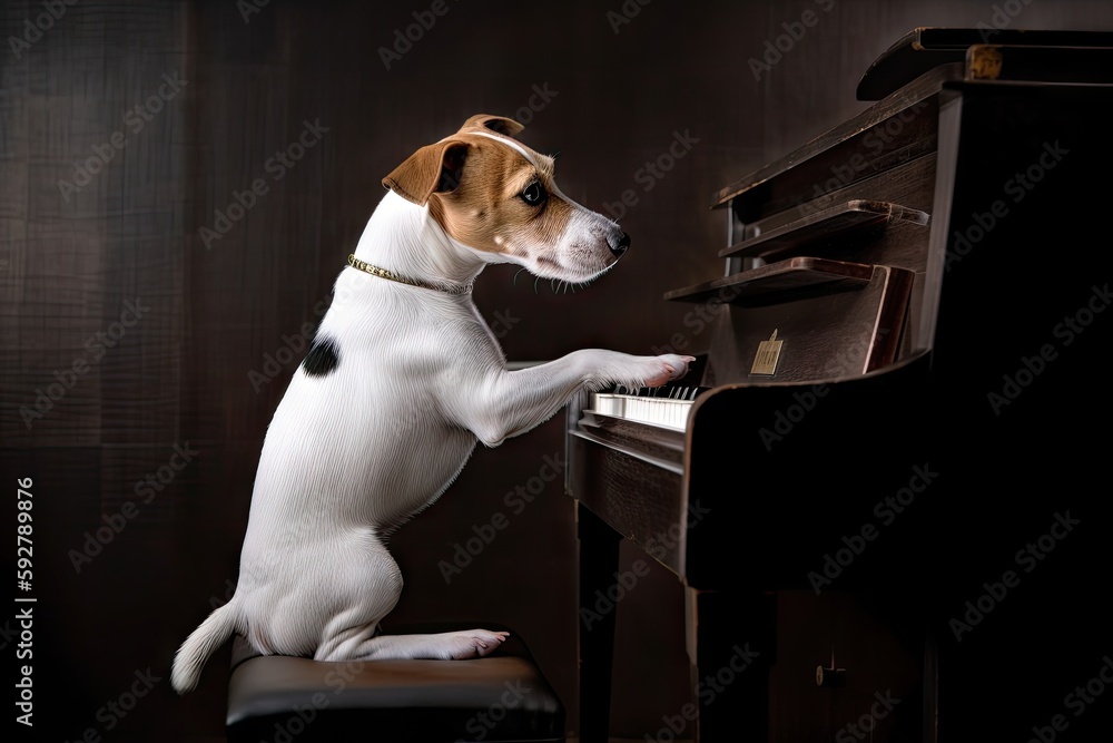 dog, sitting on top of grand piano, playing rock ballad with its paw ...