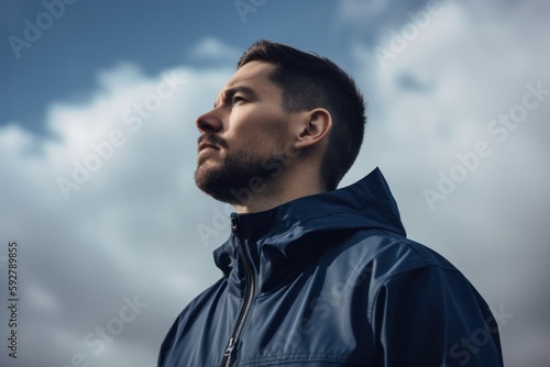 Young handsome man with beard and mustache in blue raincoat looking away on cloudy sky background