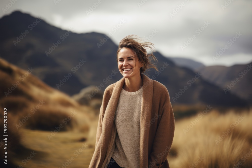 Full-length portrait photography of a grinning woman in her 30s wearing a chic cardigan against a windswept or dramatic landscape background. Generative AI Full-length portrait photography of a grinning woman in her 30s wearing a chic cardigan against a windswept or dramatic landscape background. Generative AI