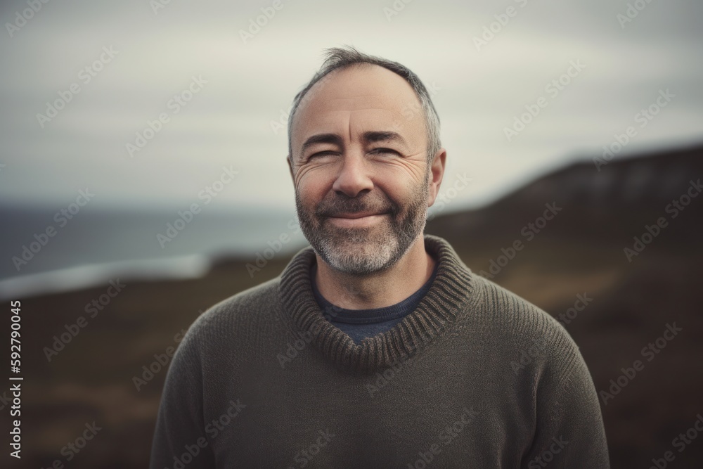 Portrait of a handsome middle-aged man with grey hair and beard wearing a warm sweater. Portrait of a handsome middle-aged man with grey hair and beard wearing a warm sweater.