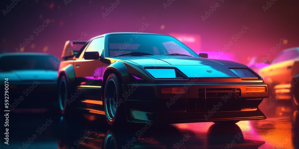 Car in style synthwave with neon-colored lights in a retro-futuristic or 80s aesthetic. Generative AI