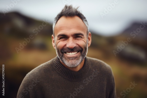 Portrait of a smiling middle-aged man in a sweater outdoors