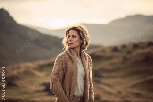 Full-length portrait photography of a grinning woman in her 30s wearing a chic cardigan against a windswept or dramatic landscape background. Generative AI
