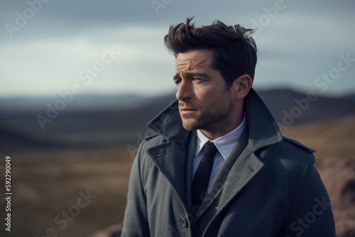 Portrait of a handsome young man wearing coat and looking away while standing outdoors