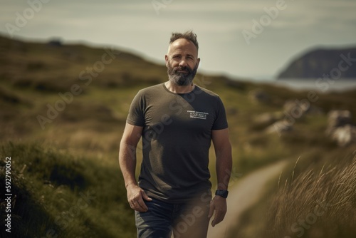 Portrait of a bearded man in a T-shirt and shorts standing on a hiking trail