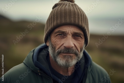 Portrait of senior man with grey beard wearing warm hat and jacket looking at camera.