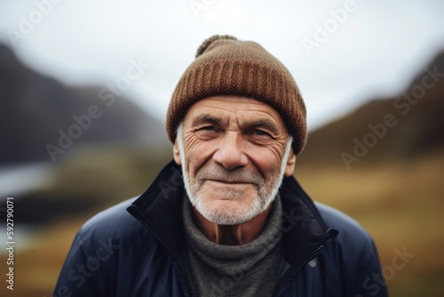 Portrait of senior man with hat and jacket looking at camera in mountain