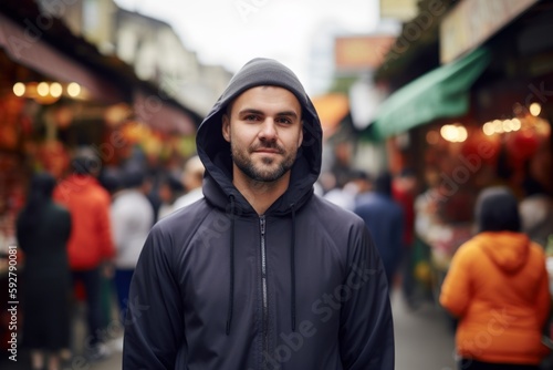 Portrait of a young man in a hood at a street market