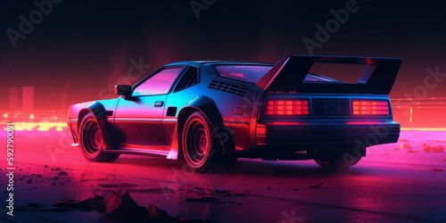 Car in style synthwave with neon-colored lights in a retro-futuristic or 80s aesthetic. Generative AI