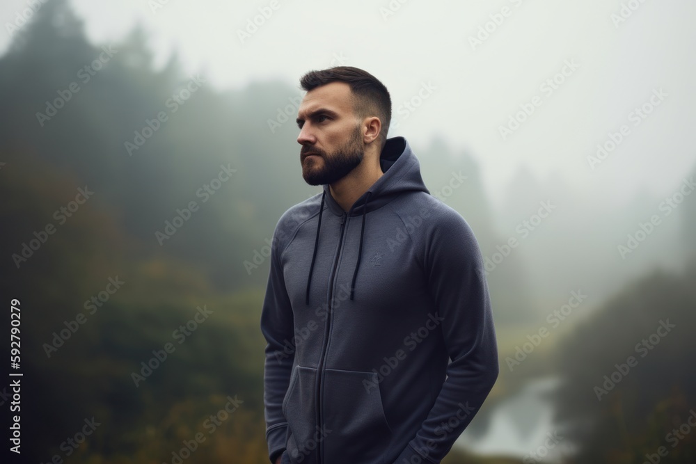 Handsome bearded young man in sportswear standing on the edge of a misty forest Handsome bearded young man in sportswear standing on the edge of a misty forest